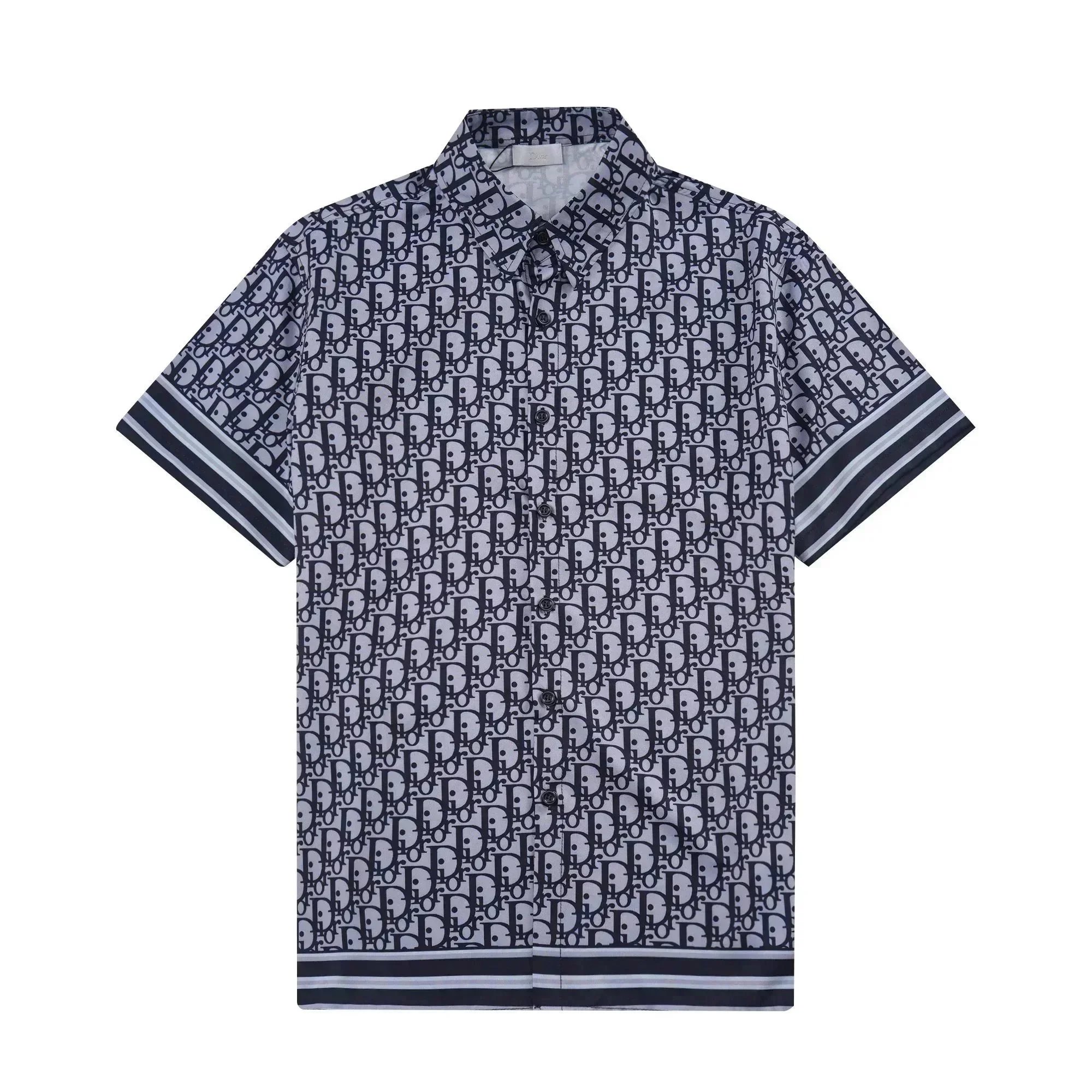 Dior Oblique Print Short-Sleeve Shirt Navy and Gray - 1