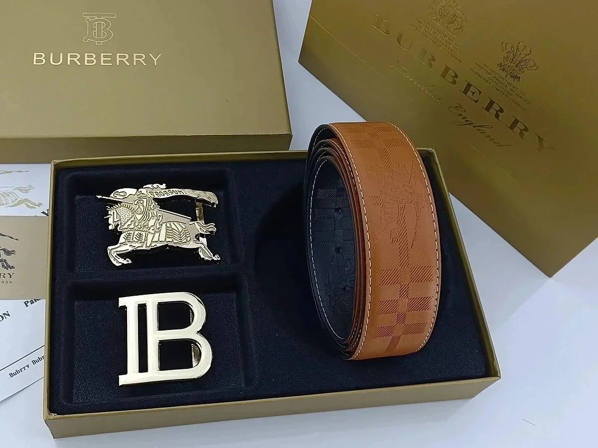 Burberry Check-Embossed Leather Belt with Interchangeable Horse & B Buckles Tan Belts - 11