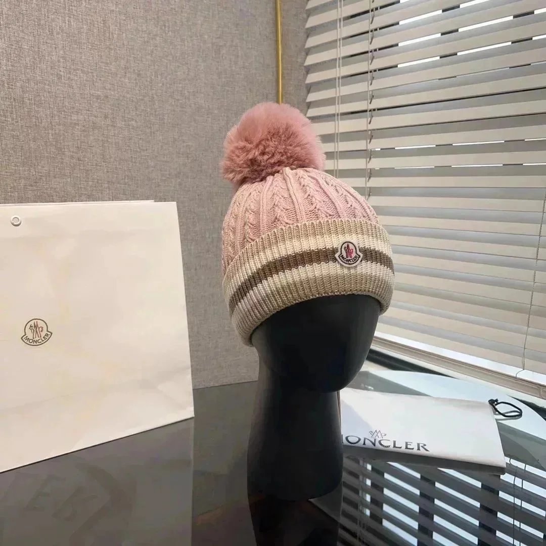 Moncler Cable Knit Beanie with Pom-Pom in Pink and Beige - 1