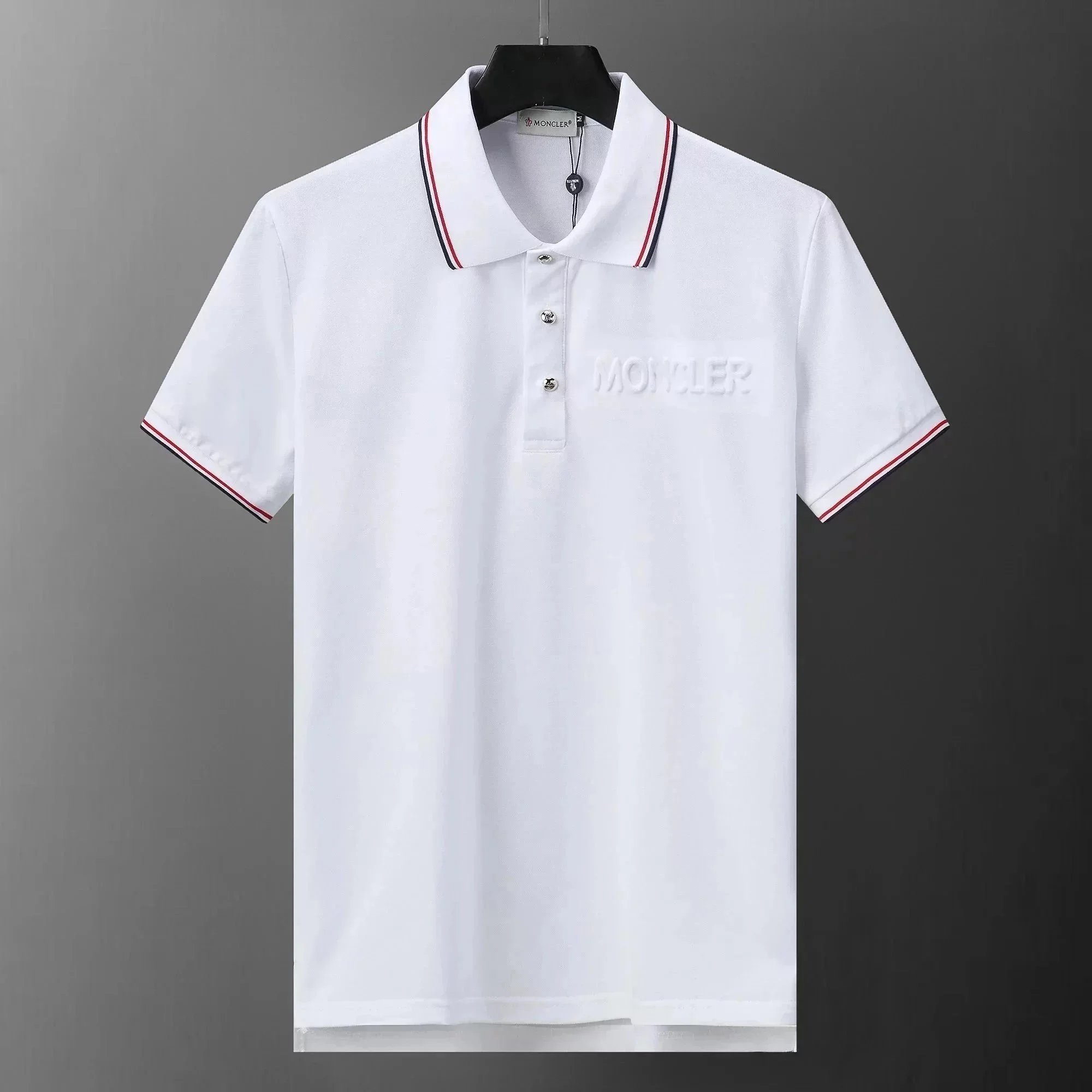 Moncler Logo Embroidered Navy Polo Shirt with Red Trim - 8
