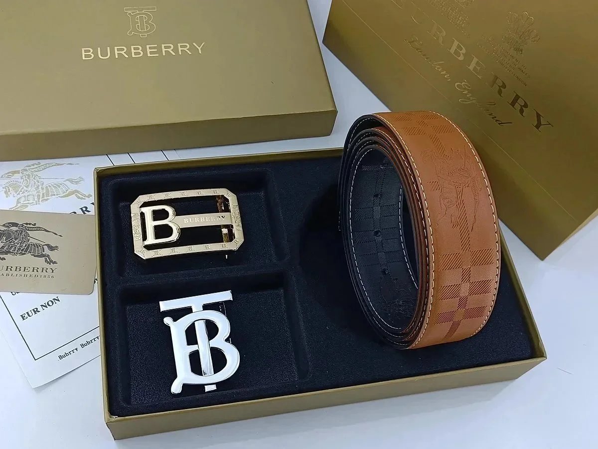 Burberry Horseferry Check Leather Belt with Interchangeable Buckles Tan Belts - 9