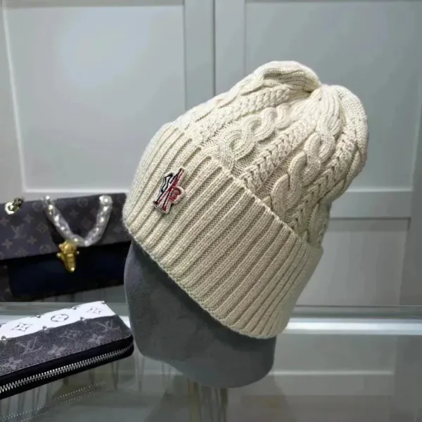 Moncler Logo-Embroidered Cable Knit Beige Beanie - 1