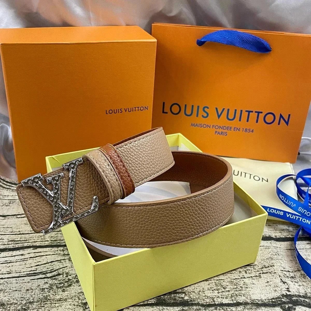 Louis Vuitton LV Initiales Belt Beige and Brown Leather Belt