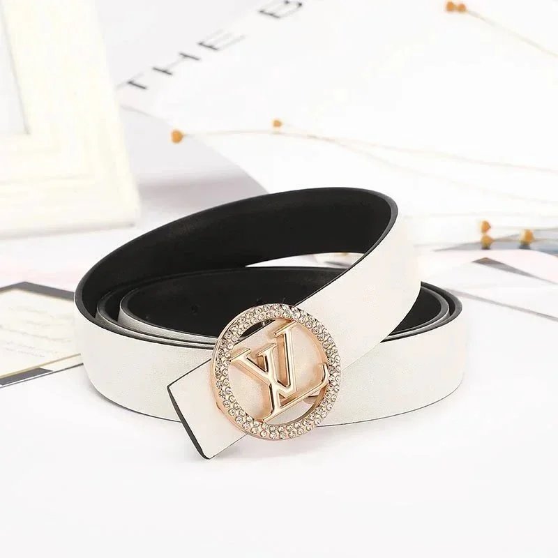 LV-Inspired Crystal-Embellished Round Buckle Belt White Leather Belt