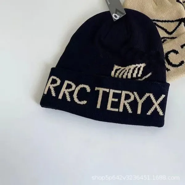 Arc'teryx Logo Beanie Navy Beige Knit Hat - 1