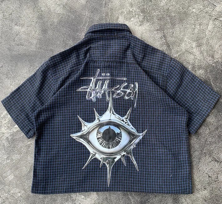 Stüssy Spiked Eye Graphic Shirt Navy Grid Check Short-Sleeve Shirt - 1
