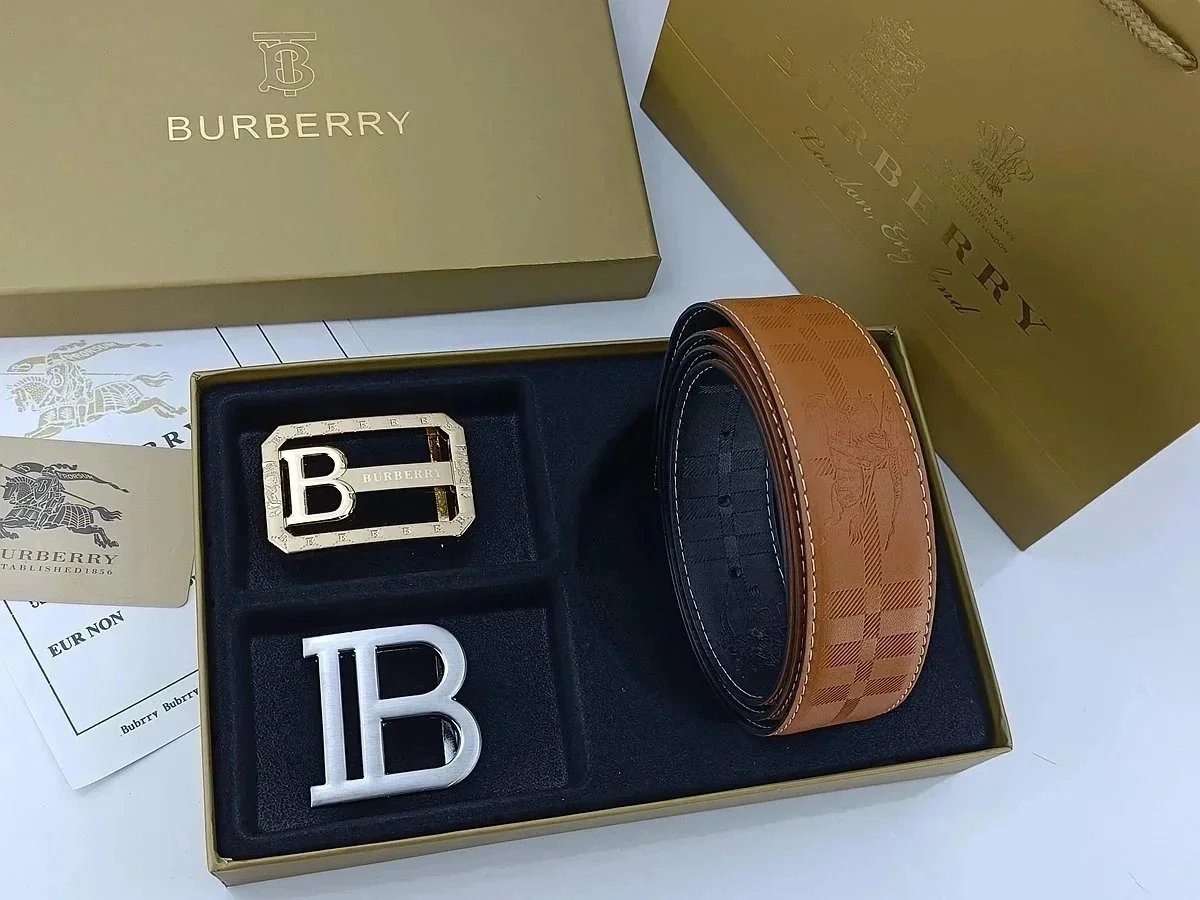 Burberry Horseferry Check Leather Belt with Interchangeable Buckles Tan Belts - 3