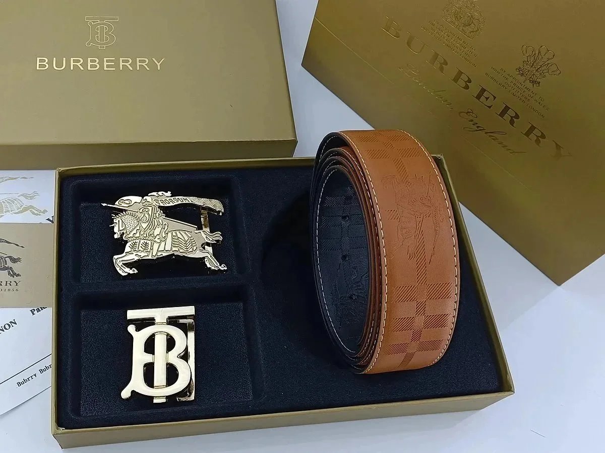 Burberry Check-Embossed Leather Belt with Interchangeable Horse & B Buckles Tan Belts - 9