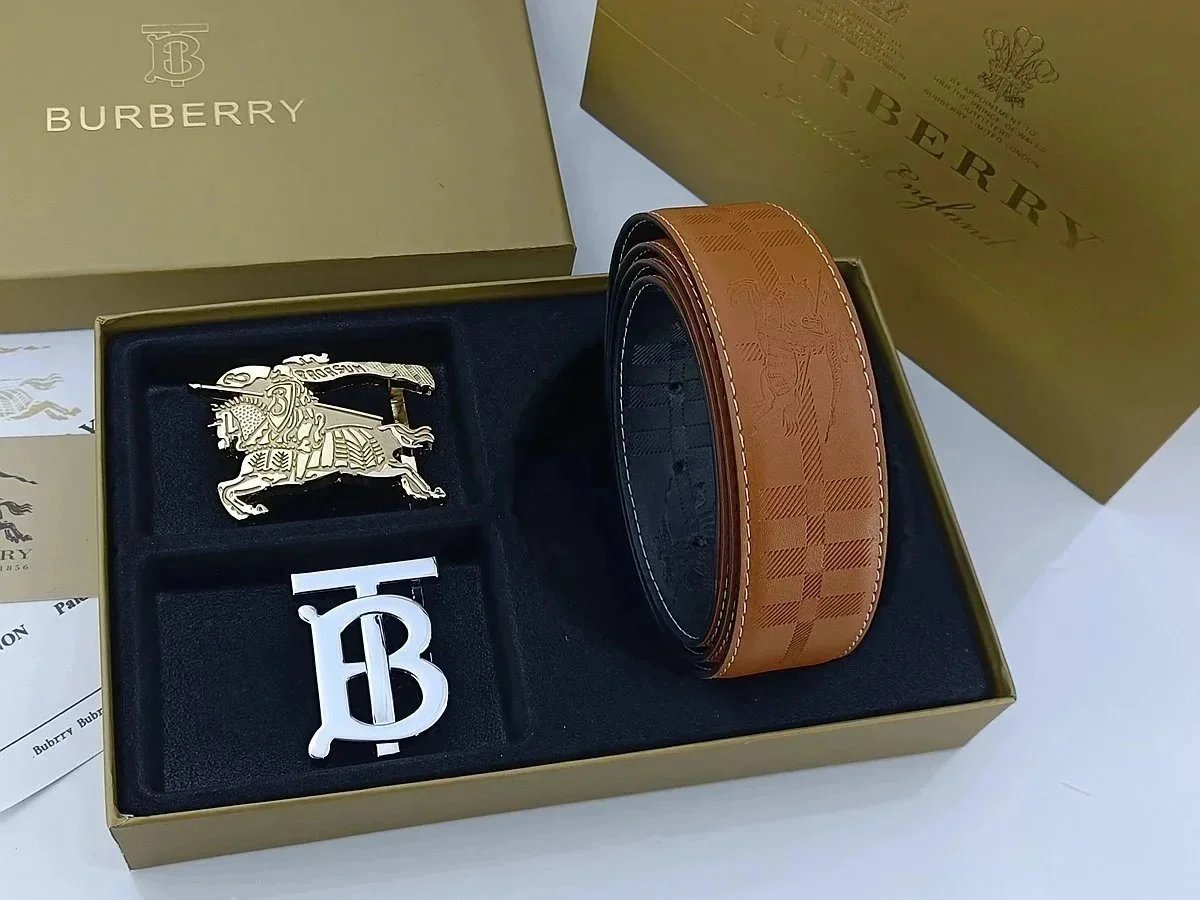 Burberry Check-Embossed Leather Belt with Interchangeable Horse & B Buckles Tan Belts - 4