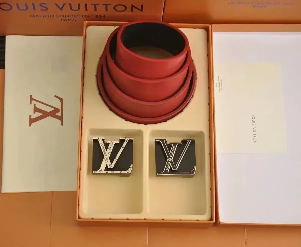 Louis Vuitton Reversible Belt in Red and Black with LV Monogram Buckles - 1