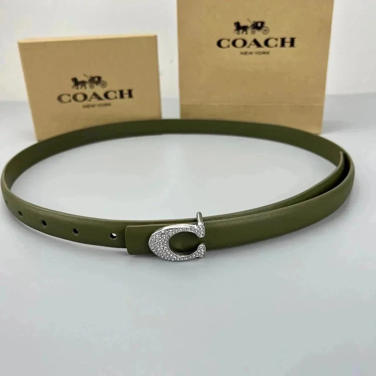 Coach C-Turn Crystal Buckle Belt Army Green Belt