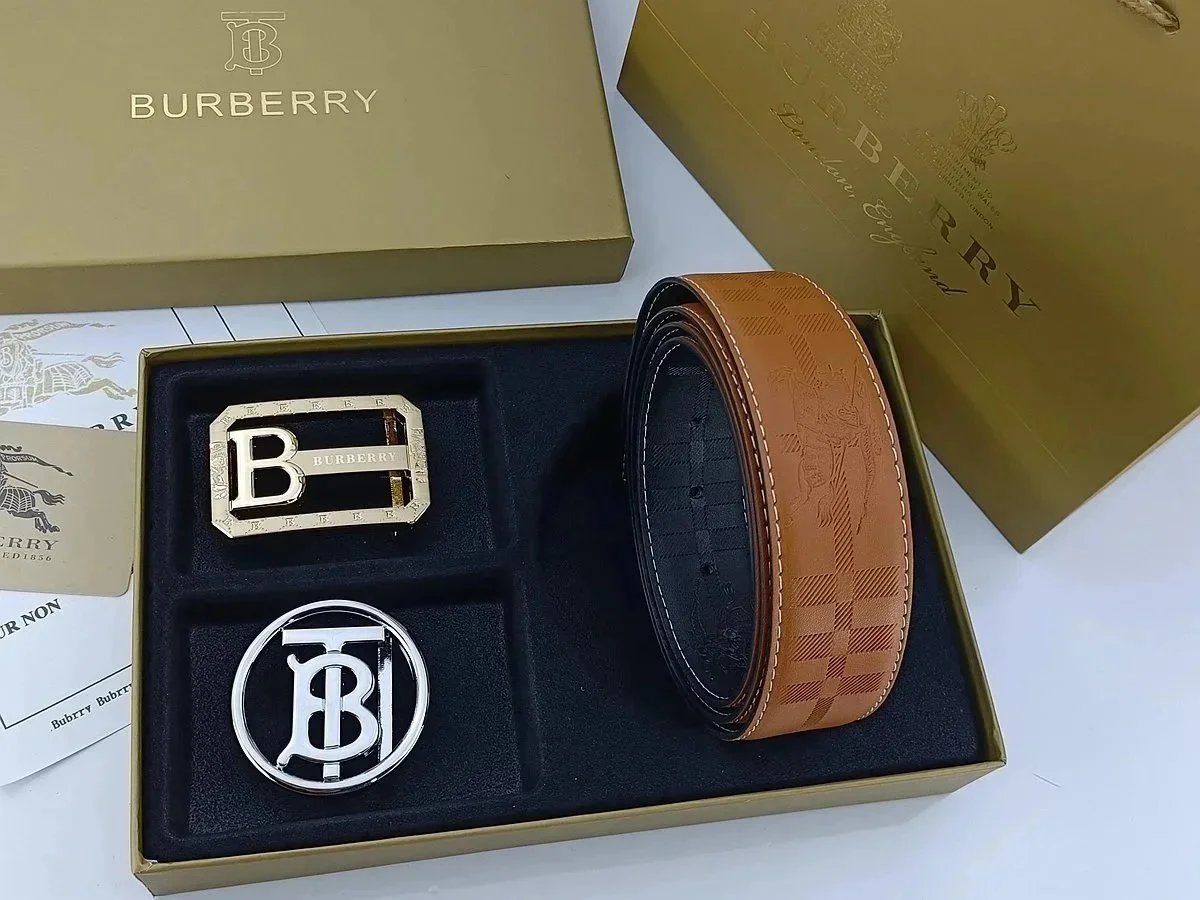 Burberry Horseferry Check Leather Belt with Interchangeable Buckles Tan Belts - 5
