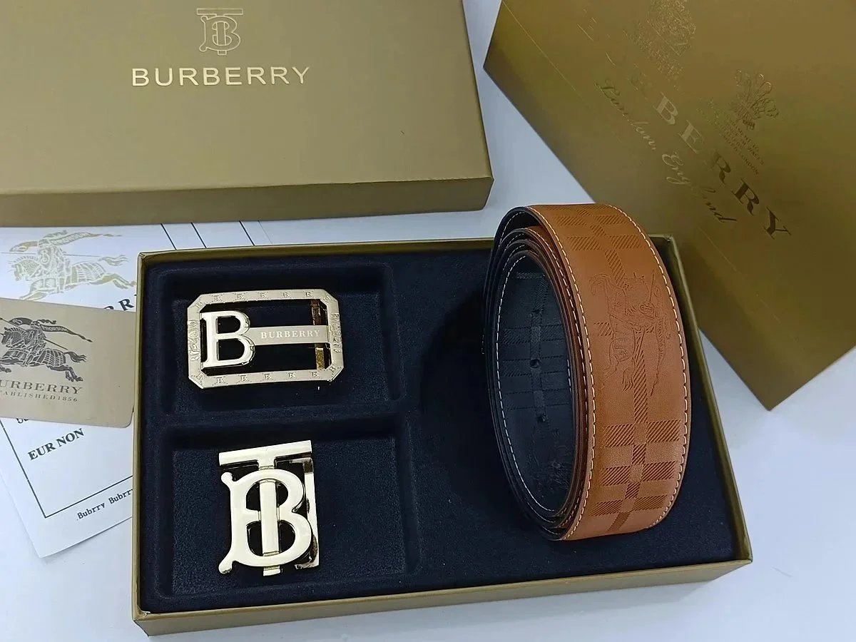Burberry Horseferry Check Leather Belt with Interchangeable Buckles Tan Belts - 7