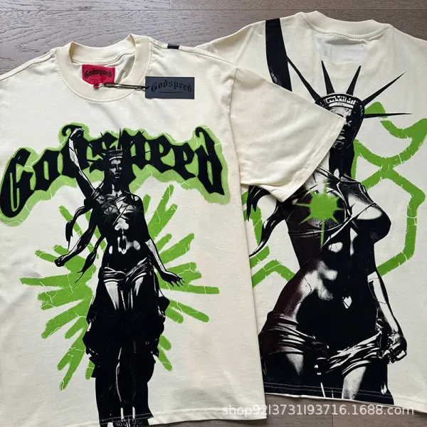 Godspeed Liberty Goddess Graphic Print Beige T-Shirt - 1