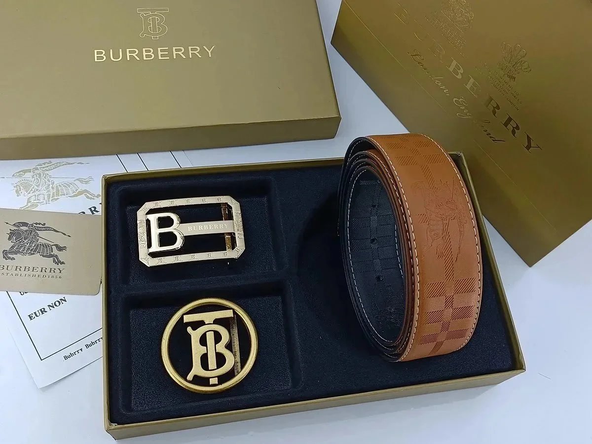 Burberry Horseferry Check Leather Belt with Interchangeable Buckles Tan Belts - 6