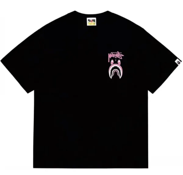 BAPE x Stussy Shark Face Pink Logo Black T-Shirt - 1
