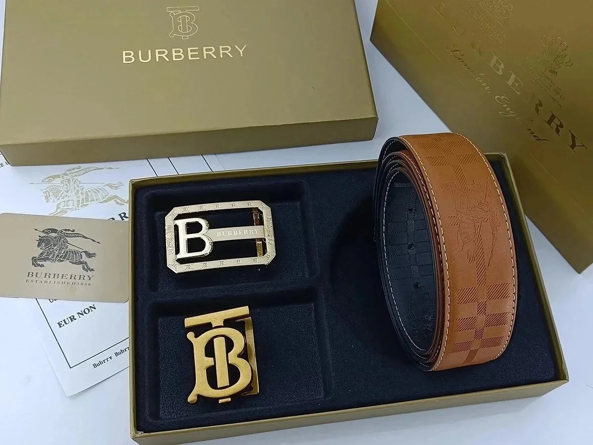 Burberry Horseferry Check Leather Belt with Interchangeable Buckles Tan Belts - 8