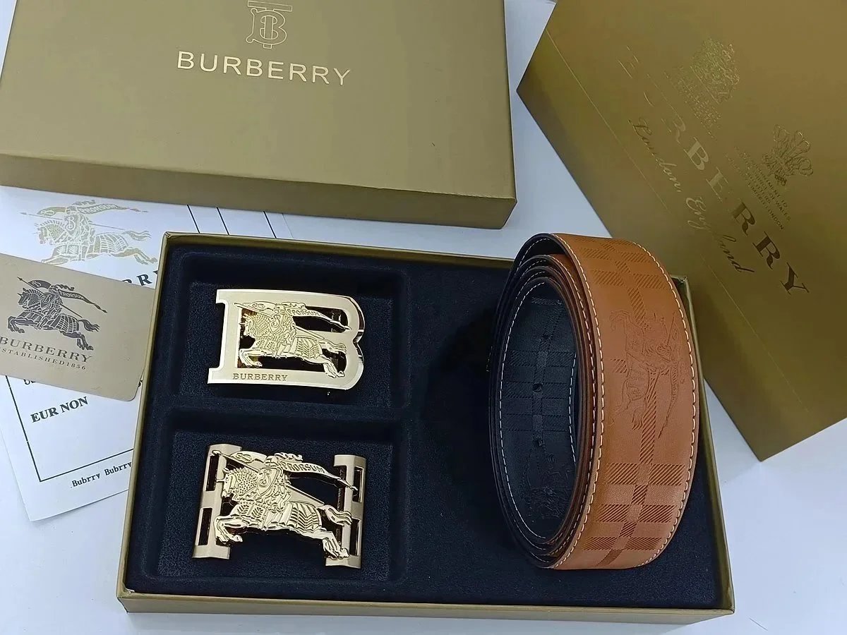 Burberry Horseferry Check Leather Belt with Interchangeable Buckles Tan Belts - 10