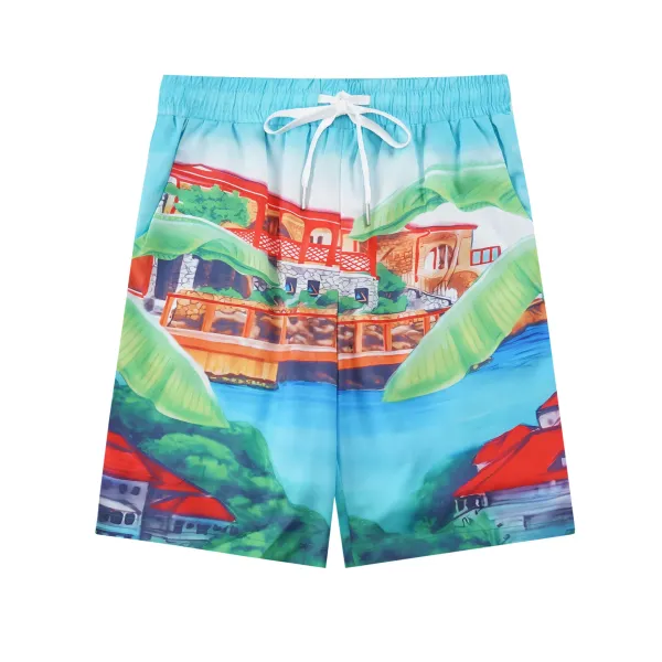 Multicolor Tropical Village Print Swim Shorts - 1