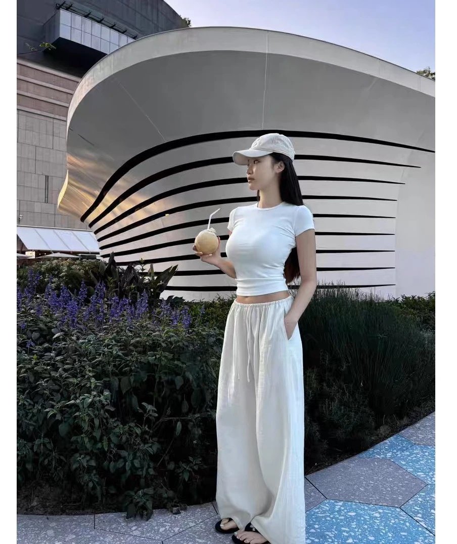 Design Linen Wide-Leg Trousers White Casual Pants - 9