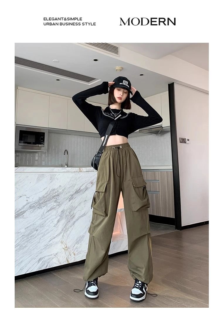 Design Wide-Leg Cargo Pants Black Casual Pants - 16