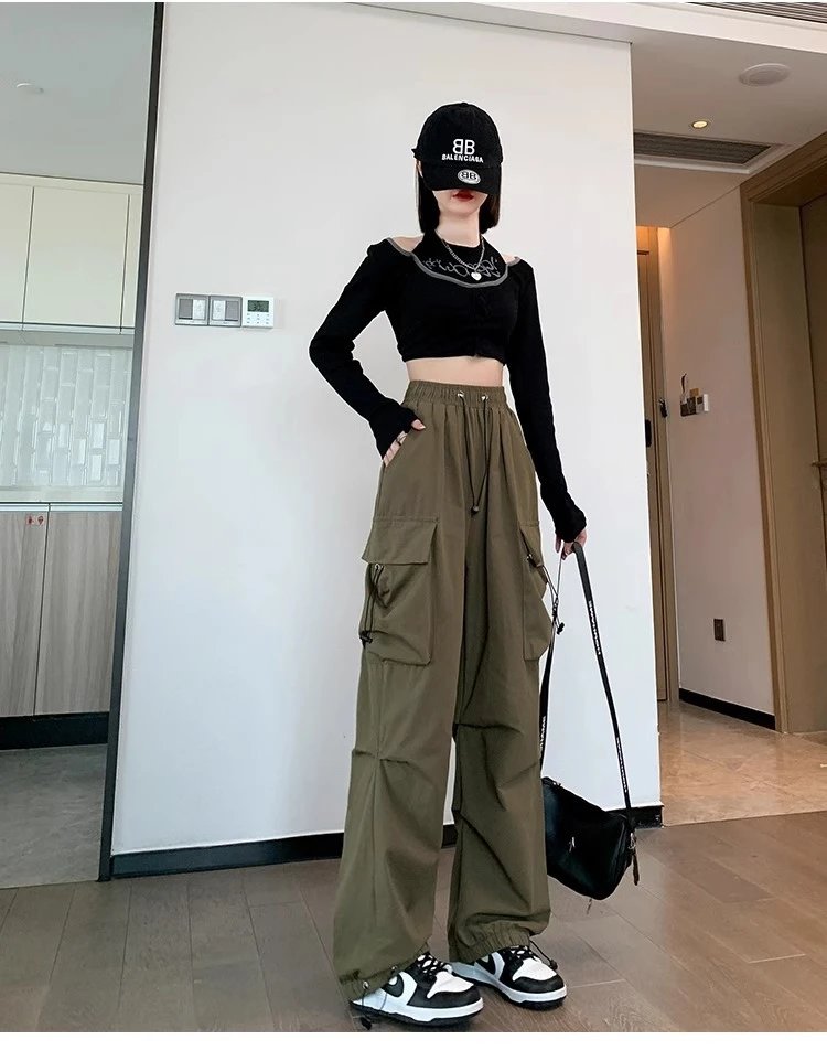 Design Wide-Leg Cargo Pants Black Casual Pants - 17