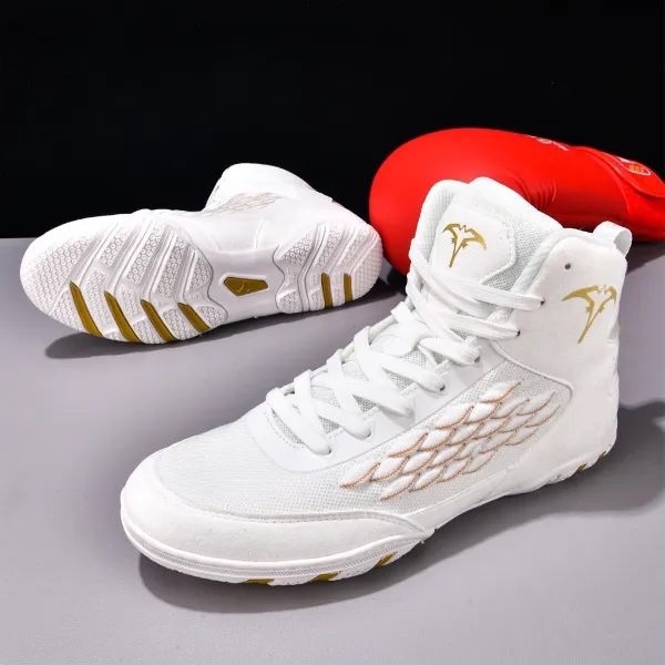 Wing Logo High-Top Boxing Shoes White with Gold Accents Sneakers - 1