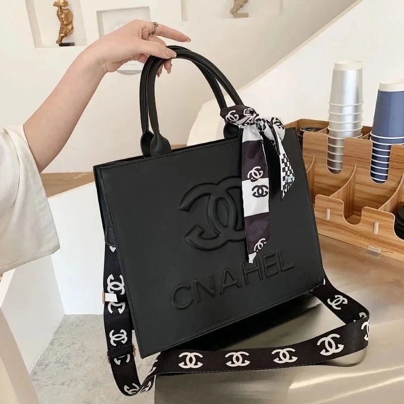 Chanel CC Logo Embossed Black Tote Bag with Scarf Strap