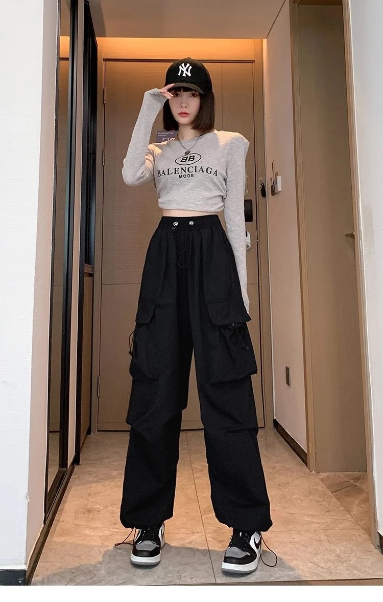 Design Wide-Leg Cargo Pants Black Casual Pants - 18