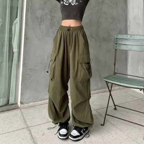 Olive Green Cargo Pants with Drawstring Waist and Large Pockets - 1