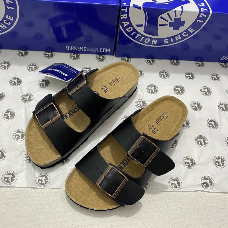 Birkenstock Birkenstock Arizona Black Leather Sandals with Copper Buckles Black