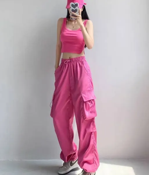 Pink Cargo Pants + Crop Tank Top Set with Nike Air Force 1 Sneakers - 1