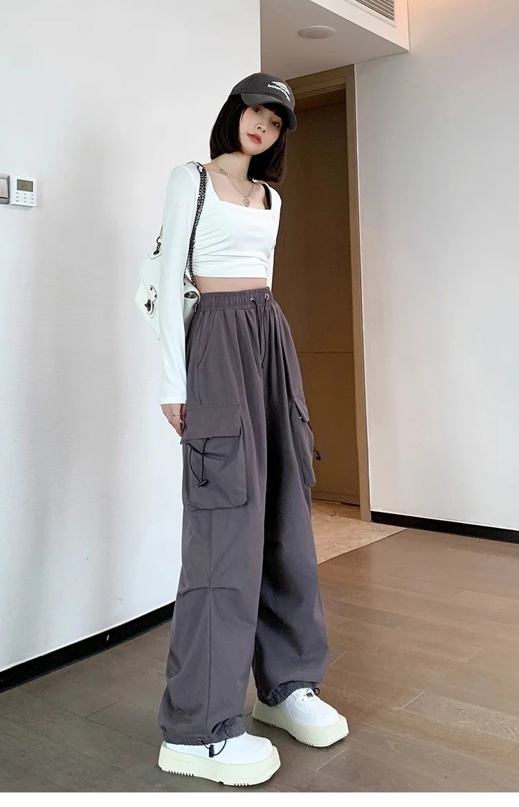 Design Wide-Leg Cargo Pants Black Casual Pants - 28