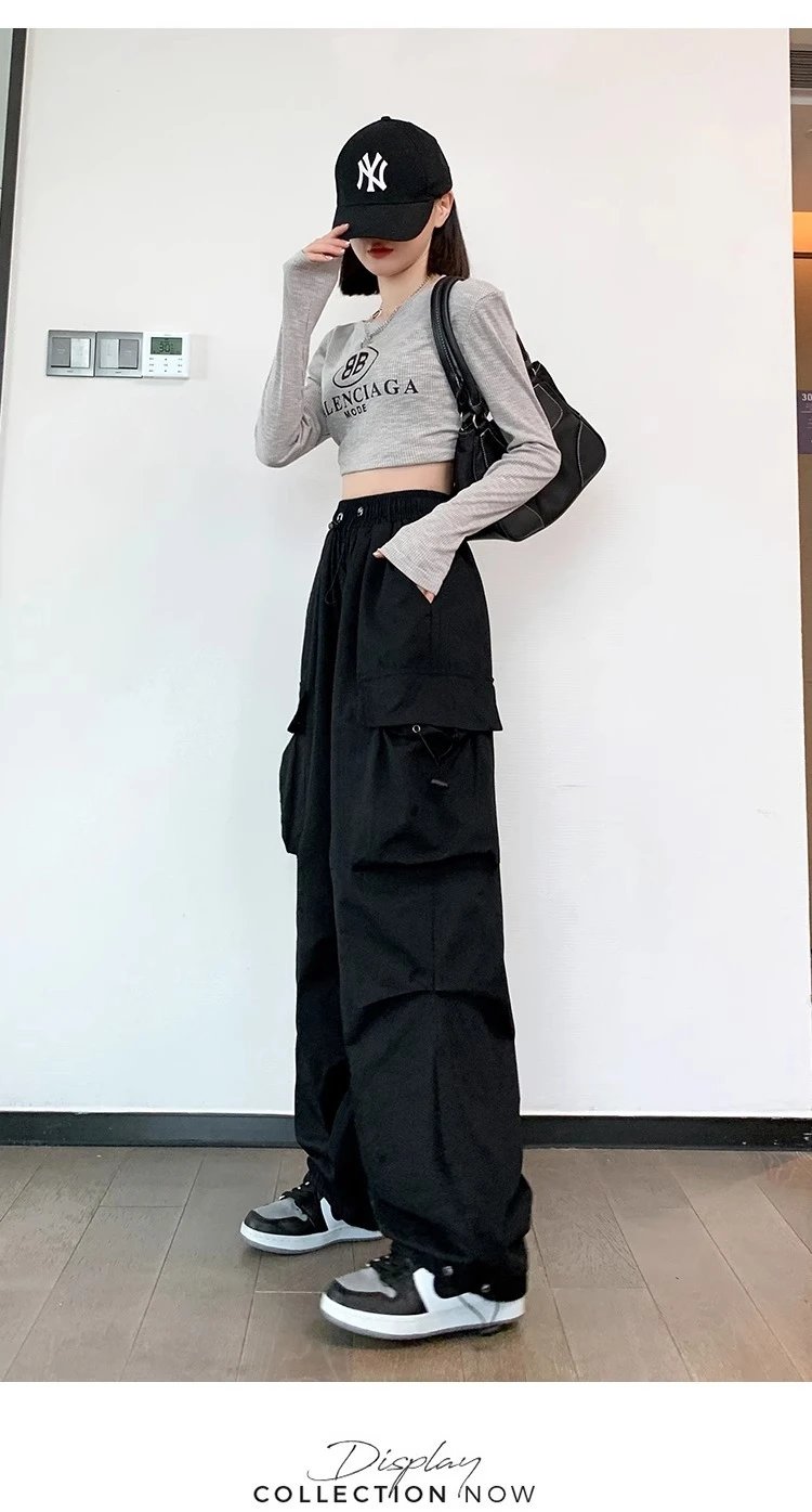 Design Wide-Leg Cargo Pants Black Casual Pants - 22