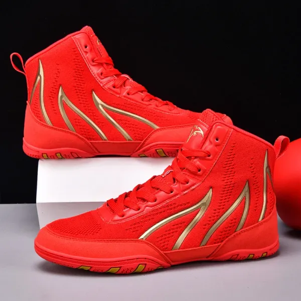 Design Wrestling Boots Red with Gold Flame Accents Sneakers - 1
