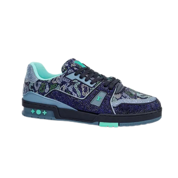 Louis Vuitton Trainer Crystal Embellished Navy Teal Sneakers - 1