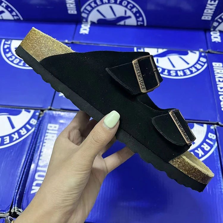 Birkenstock Birkenstock Arizona Black Suede Sandals with Copper Buckles Black