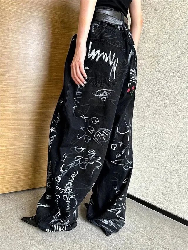 Gallery Dept. Graffiti-Print Wide-Leg Jeans Black - 10