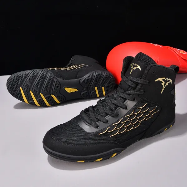 Black and Gold Winged Boxing Boots with Red Glove Accent - 1