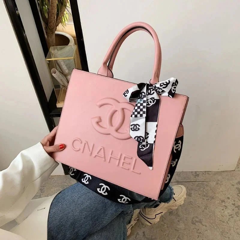 Chanel CC Logo Embossed Pink Leather Tote Bag with Silk Scarf Accent