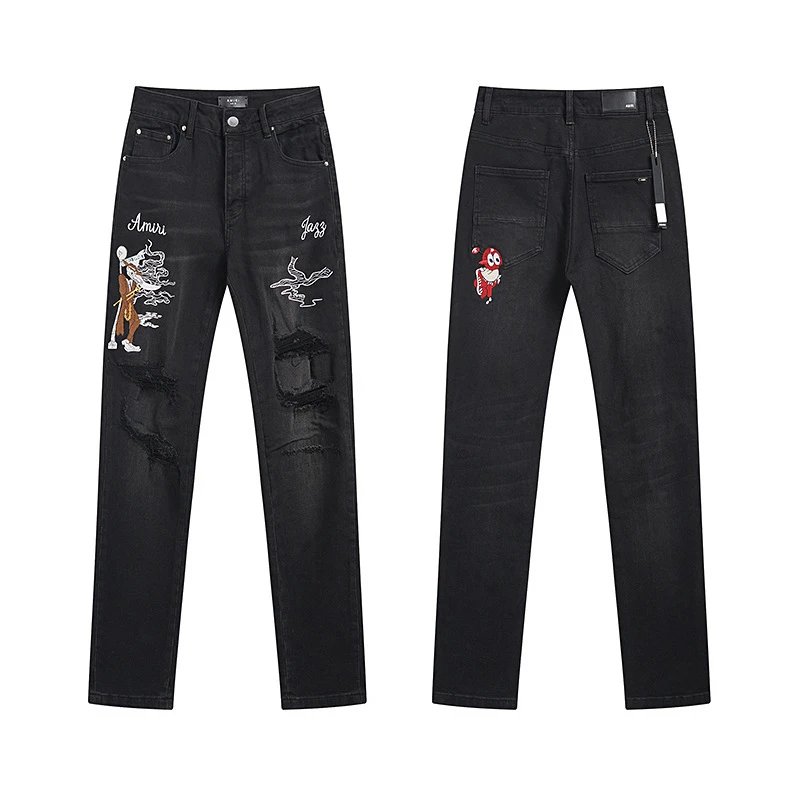 Amiri Embroidered Distressed Black Jeans - 1