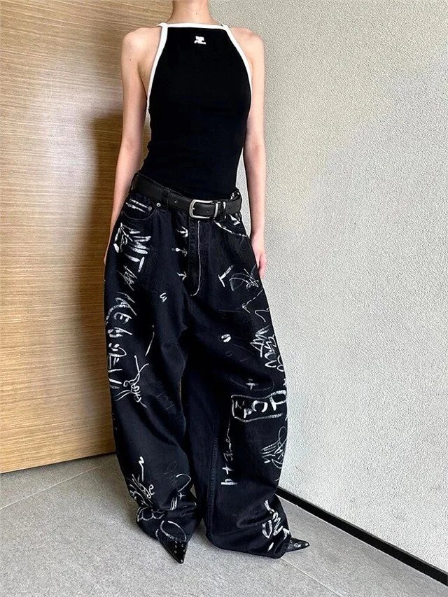 Gallery Dept. Graffiti-Print Wide-Leg Jeans Black - 9