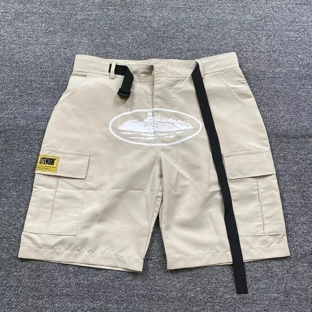 Litework Cargo Shorts Beige with Oval Print and Webbing Strap Shorts