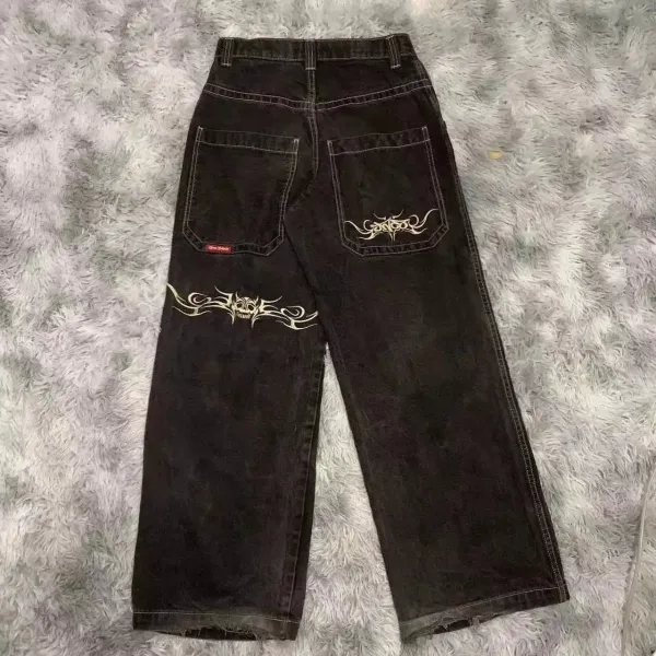 GRA Skull Tribal Embroidery Black Baggy Jeans - 1
