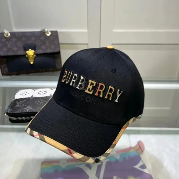 Burberry Logo Embroidered Baseball Cap Black with Vintage Check Brim - 1
