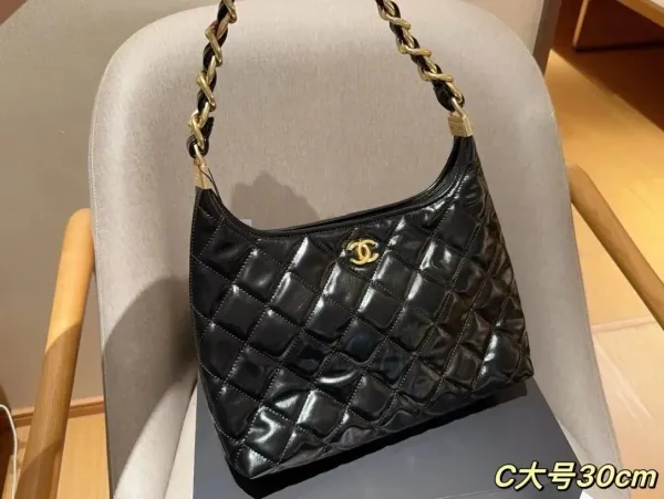 Chanel 22 Bag Black Quilted Patent Leather Shoulder Bag - 1
