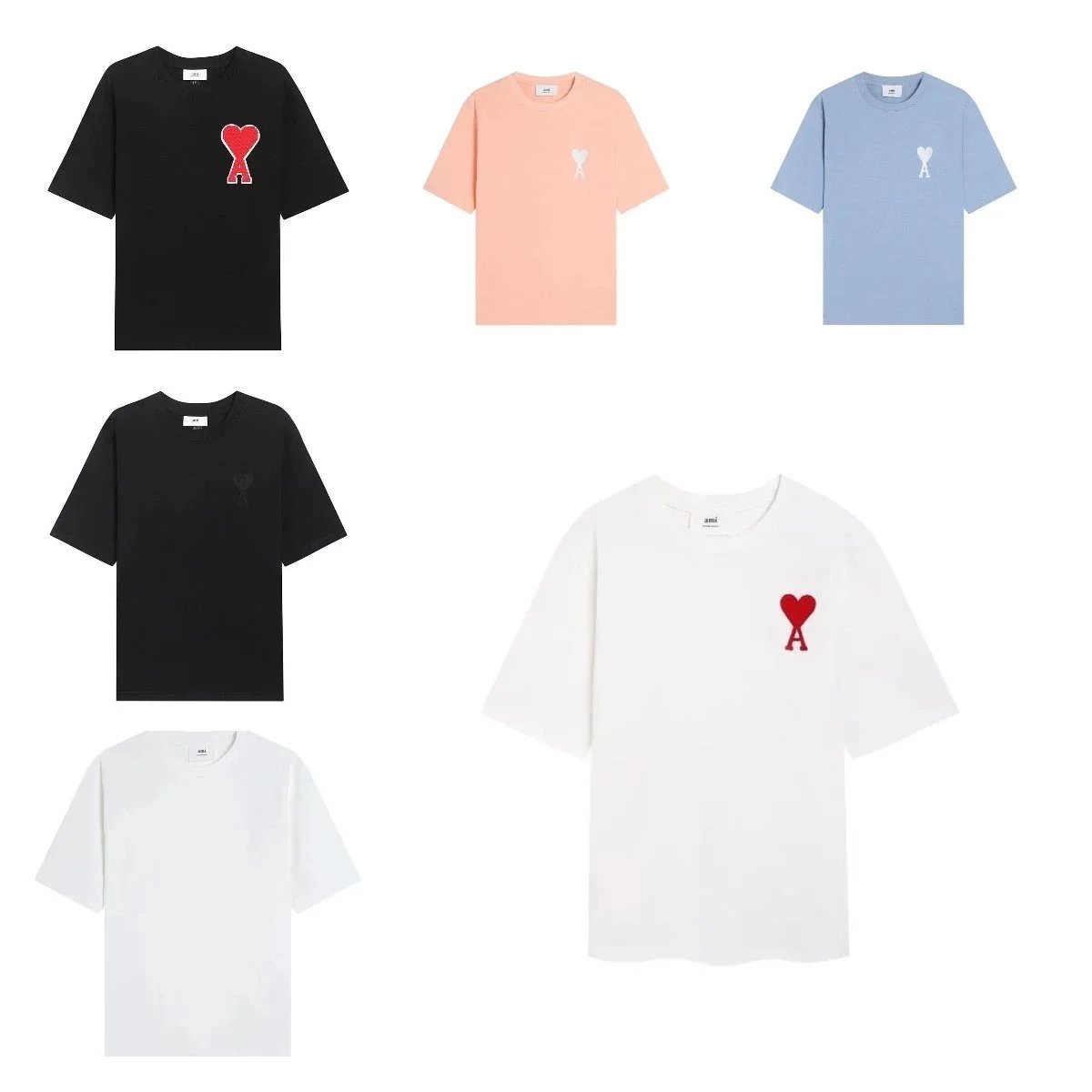AMI Paris Heart Logo T-Shirt in Black, White, Pink, and Blue