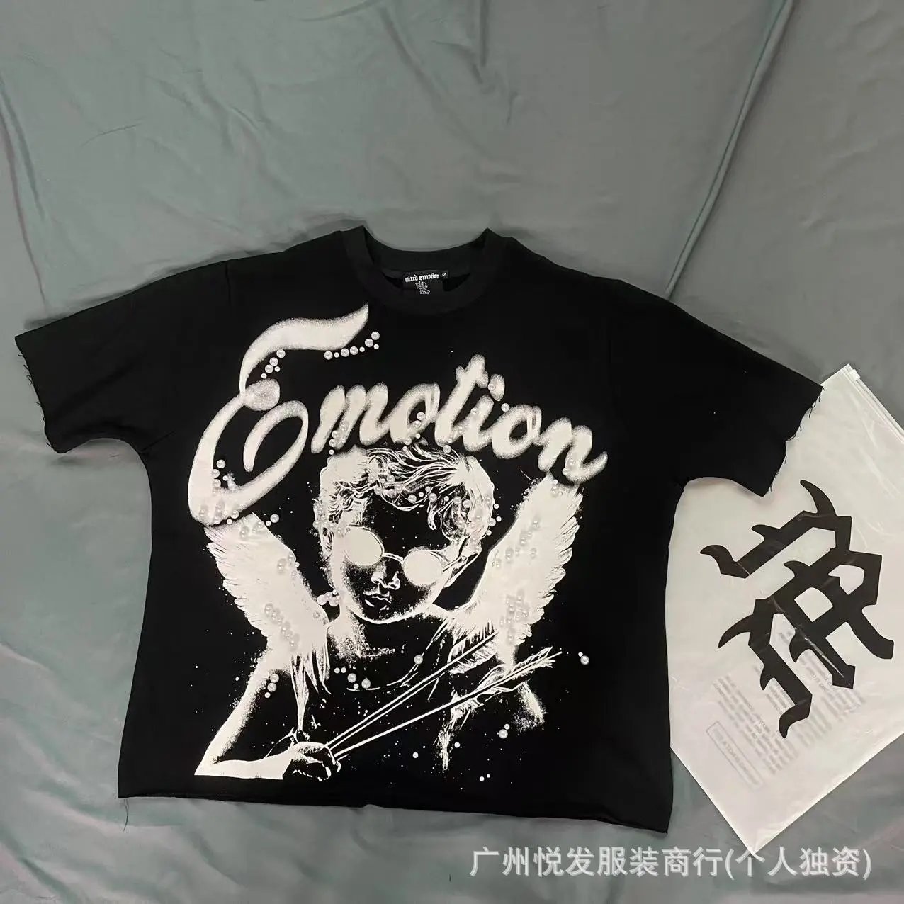 Mixed Emotion Angel Print Black T-Shirt