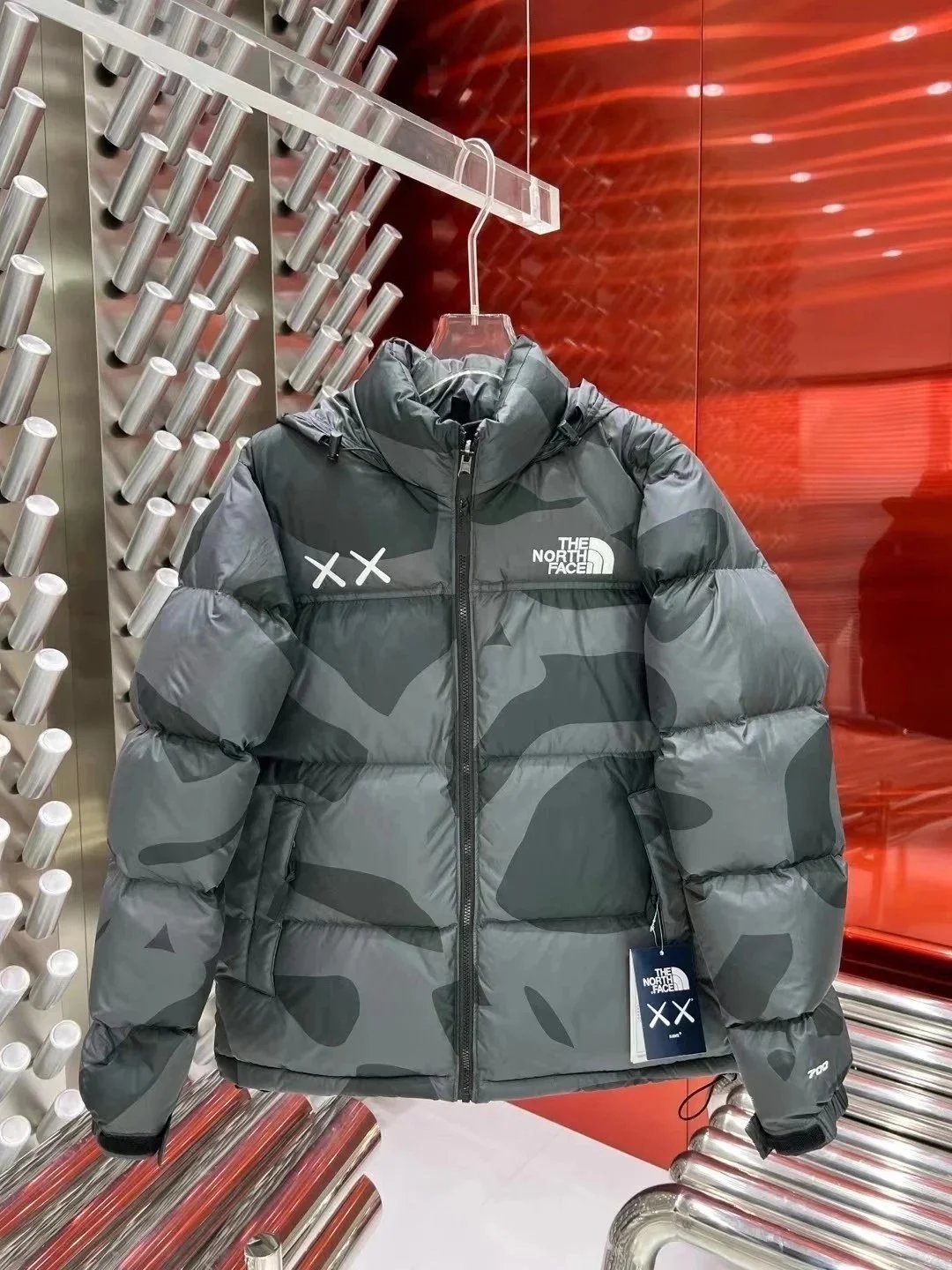 The North Face x KAWS Nuptse Down Jacket Gray Camo
