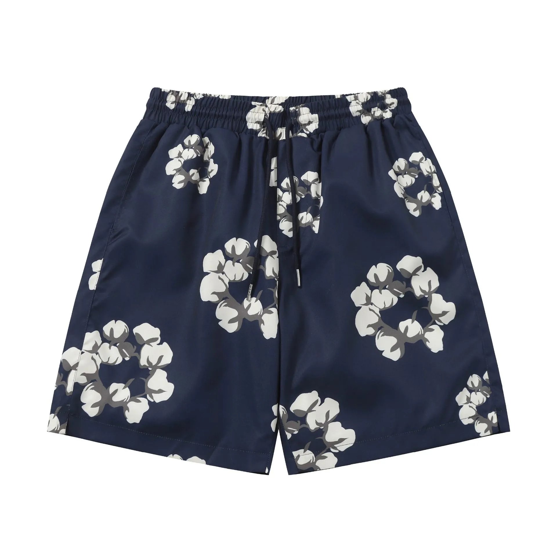 Off-White Cotton Flower Print Drawstring Shorts Black - 17